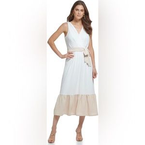 DKNY v-neck ruffle hem midi dress